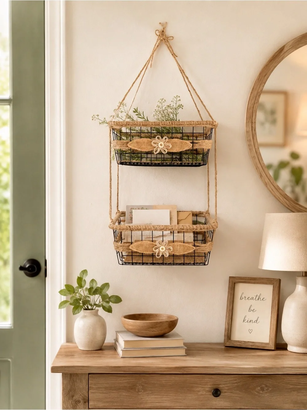 Woven Hanging Two-Tier Bathroom Organizer 11” W Basket - Natural Cream
